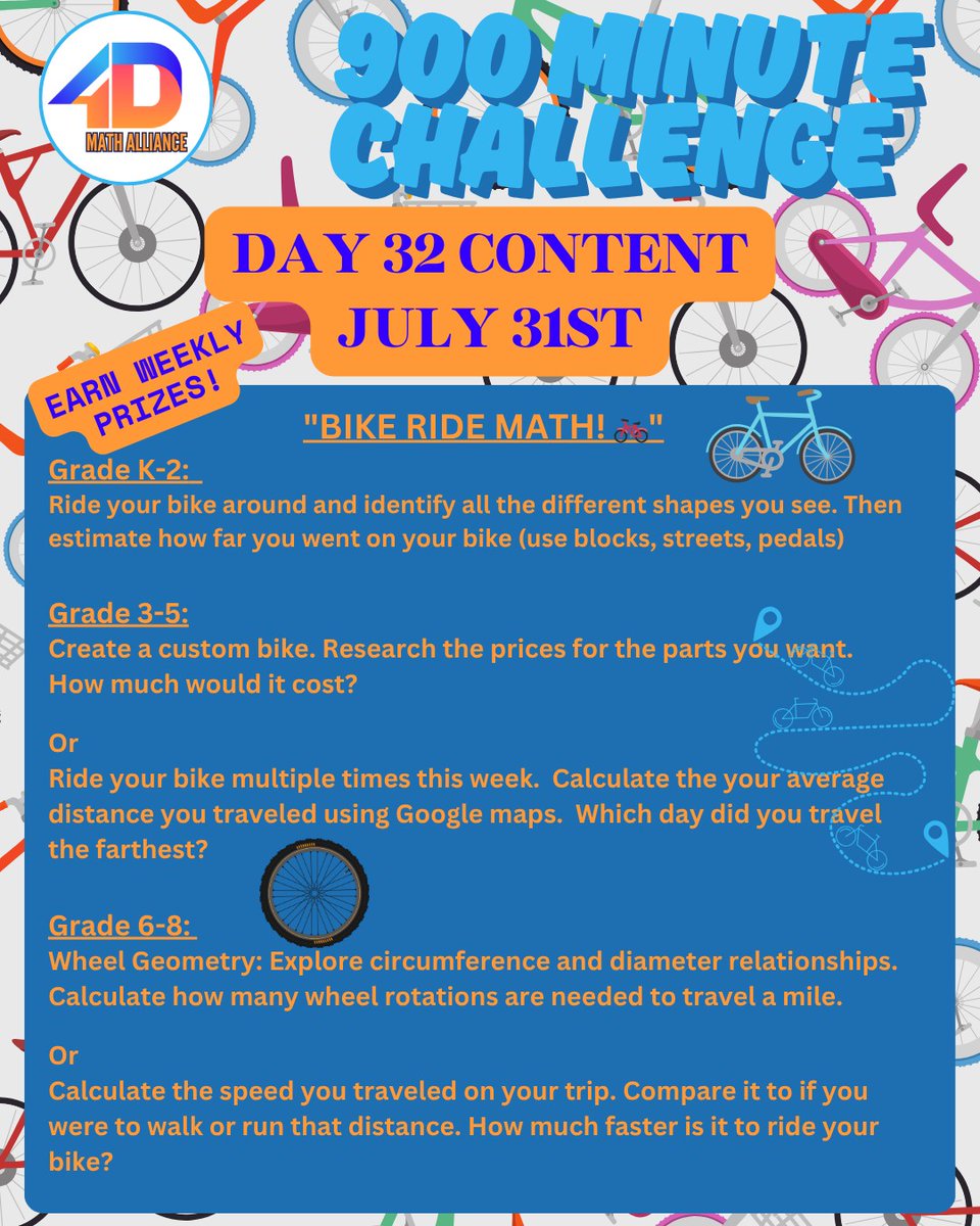 4D Math Alliance (@4dmath) on Twitter photo Day 32 of the #900MinChallenge takes us on a #bikeride to see all the #math that's involved in one of our top forms of transportation #bicylces Share your "wheelie" good work by tagging us or email info@4dma.org #bike #BikeRideMath #Wheels #Circumference #distance #speed Day 32 of the #900MinChallenge takes us on a #bikeride to see all the #math that's involved in one of our top forms of transportation #bicylces Share your "wheelie" good work by tagging us or email info@4dma.org #bike #BikeRideMath #Wheels #Circumference #distance #speed