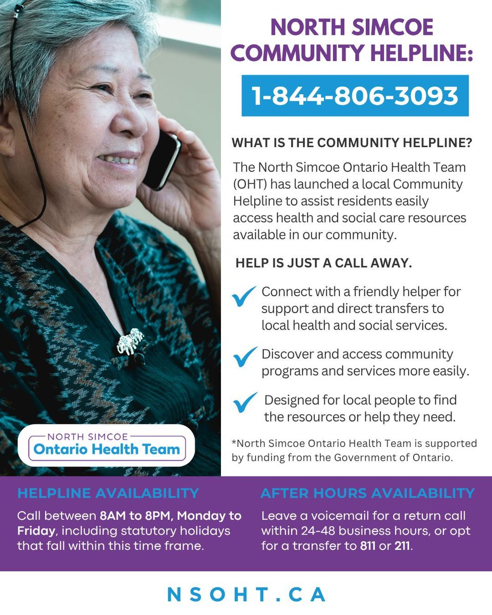 OHTNorthSimcoe's tweet image. Need help finding local services in North Simcoe? 📞 Call the #CommunityHelpline at 1-844-806-3093.

Friendly staff will connect you to health and social supports that meet your needs—available Mon–Fri, 8 AM–8 PM.

More info: nsoht.ca/community-reso… 

#NorthSimcoeOHT #OHT #NSOHT