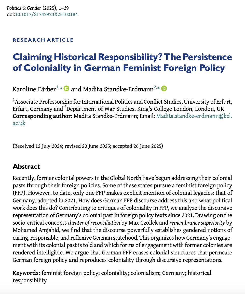 Politics & Gender (@politicsgenderj) on Twitter photo 📣 Out on #FirstView 📣
For our upcoming issue on #feministforeignpolicy, <a href="/KarolineFaerber/">Karoline Faerber</a> & Madita Standke-Erdmann analyze how Germany 🇩🇪 represents, negotiates and reproduces its colonial past in their FFP.
buff.ly/Y9B4uMH 📣 Out on #FirstView 📣
For our upcoming issue on #feministforeignpolicy, <a href="/KarolineFaerber/">Karoline Faerber</a> & Madita Standke-Erdmann analyze how Germany 🇩🇪 represents, negotiates and reproduces its colonial past in their FFP.
buff.ly/Y9B4uMH