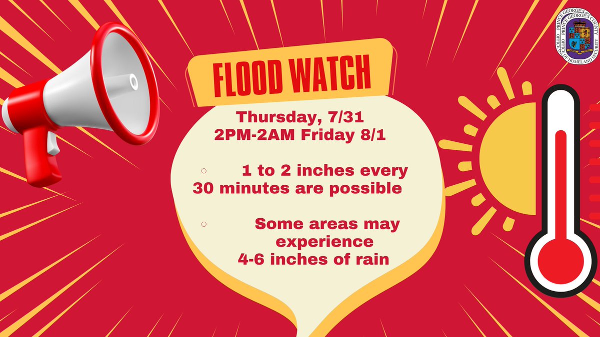 PGCountyOEM's tweet image. The @NWS_BaltWash has issued a Flood Watch for Thursday 7/31 from 2PM-2AM, Friday 8/1

#floodwatch #beprepared #PGStrong
