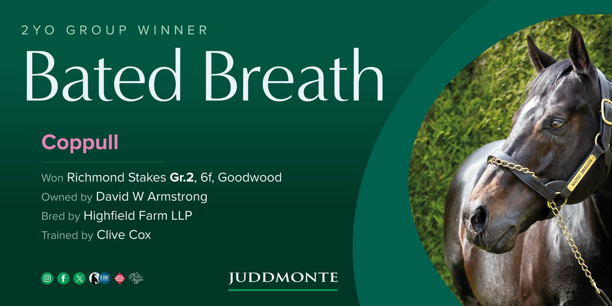 JuddmonteFarms's tweet photo. A new 2YO Group winner for BATED BREATH as Coppull makes all in the Gr.2 Richmond Stakes @Goodwood_Races 🏆for owner-breeder David Armstrong. He is Bated Breath's 16th Group winner #ProvenValue https://t.co/6b5XQq0p6m