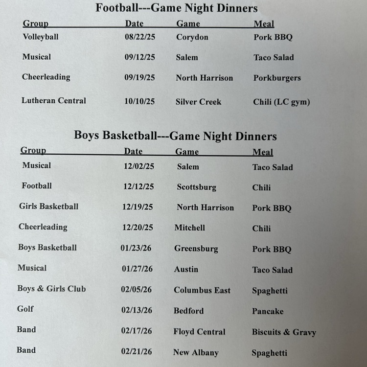 BCHS ballgame dinner schedule.  Cost of Meals are $7.00.