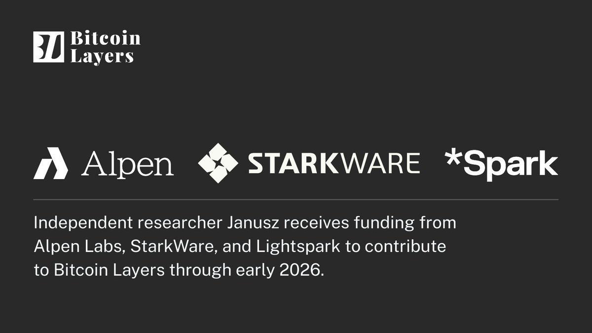 janusz (@januszg_) on Twitter photo Excited to continue working on Bitcoin Layers 🧡
I’ve received funding from StarkWare (the creator of <a href="/Starknet/">Starknet 🐺🐱</a>), Alpen Labs, and Lightspark to maintain the <a href="/BitcoinLayers/">Bitcoin Layers 🍰</a> open-source repository.
@StarkWareLTD, <a href="/AlpenLabs/">Alpen</a>, and <a href="/spark/">Spark</a> have done extensive R&D on bitcoin scaling, Excited to continue working on Bitcoin Layers 🧡
I’ve received funding from StarkWare (the creator of <a href="/Starknet/">Starknet 🐺🐱</a>), Alpen Labs, and Lightspark to maintain the <a href="/BitcoinLayers/">Bitcoin Layers 🍰</a> open-source repository.
@StarkWareLTD, <a href="/AlpenLabs/">Alpen</a>, and <a href="/spark/">Spark</a> have done extensive R&D on bitcoin scaling,