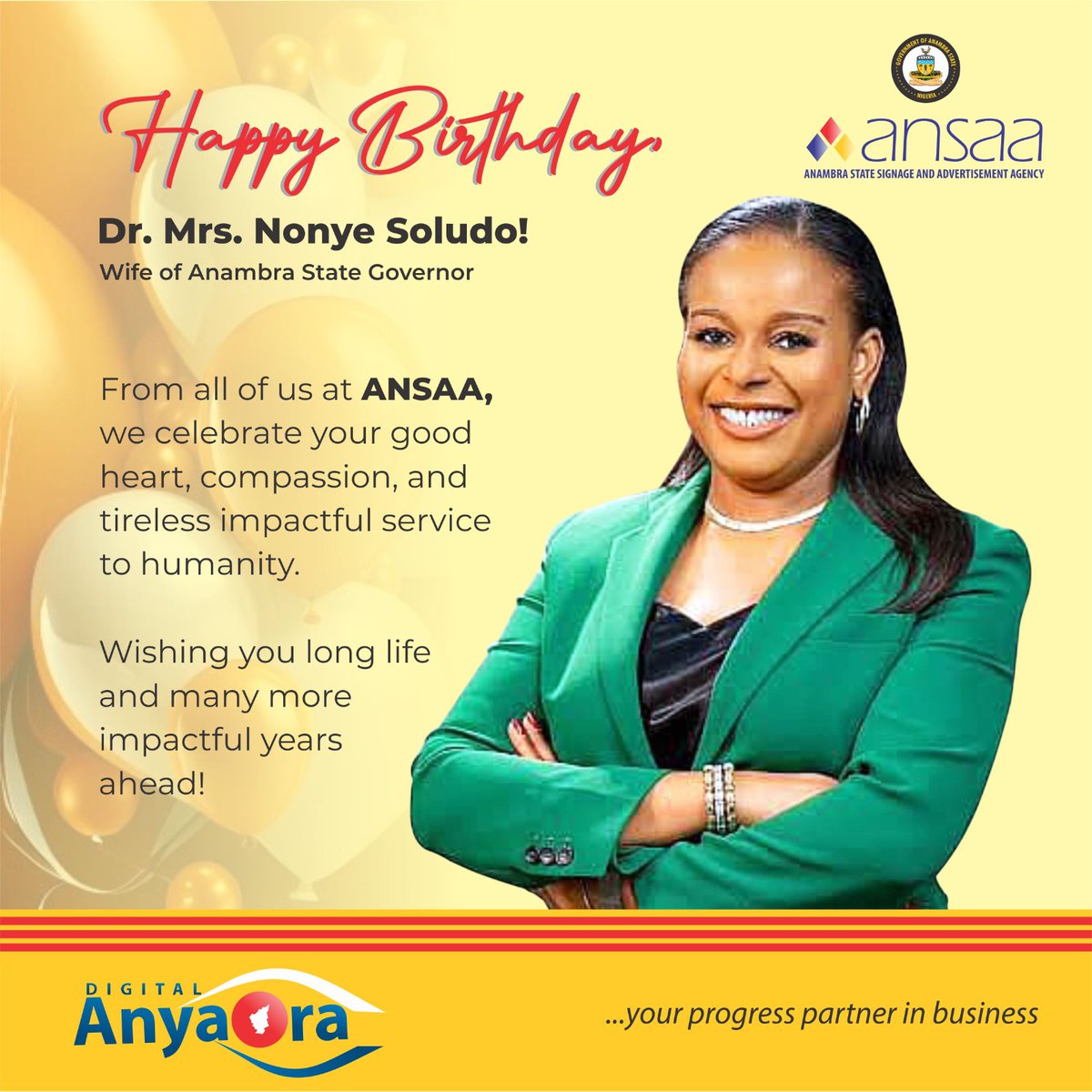 🎉 Happy Birthday, Dr. Mrs. Nonye Soludo Wife of Anambra State Governor.

From all of us at ANSAA, we celebrate your good heart, compassion, and tireless impactful service to humanity. 

Wishing you long life and many more impactful years ahead!

ANSAA...
