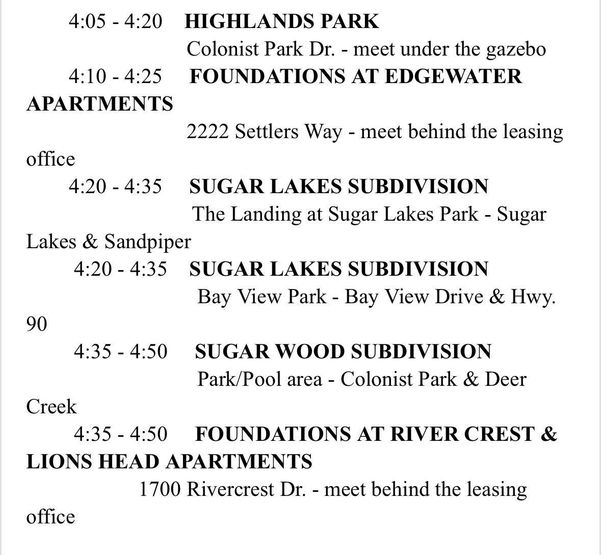 On Tuesday, August 5th ,teachers and staff will be at different
locations in the Highlands attendance zone to say a quick "hi"!  We are excited to see you and give out a little sweet treat! 🍬Hope you can join us at one of the following locations (see picture)! <a href="/FortBendISD/">Fort Bend ISD</a>