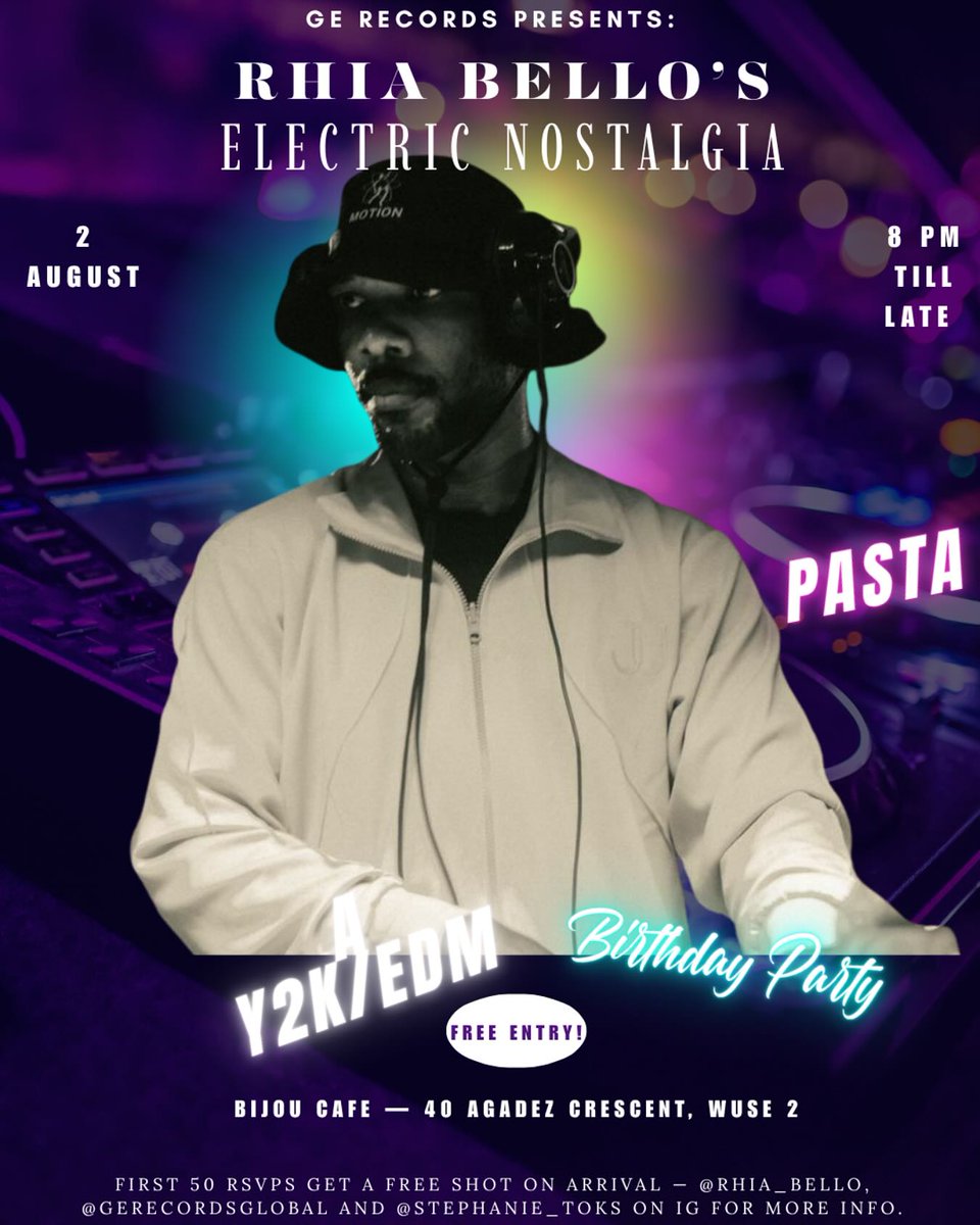 ✨ABJ, ready to GLOW UP?✨

<a href="/Rhia_bello/">RHIA BELLO</a>’s Electric Nostalgia hits Aug 2 @ 8 PM 🪩💅🏽

Y2K fits. EDM bangers. Pure chaos.

📍Bijou Café, 40 Agadez

🎧 DJs • 📸 Photobooth • 🎤 <a href="/therealtovia_/">Toviacreator 🪐✨</a> <a href="/Alternatedje/">Ehiz The Alternate DJ♑</a> <a href="/pastagoras/">Talia Tabasco 🍝</a> + more

#ElectricNostalgia #RhiaBelloBDay #Y2KParty #EDMGlowUp