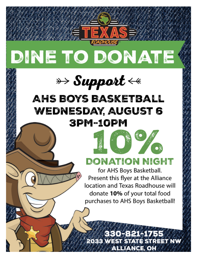 The Alliance High School Boys Basketball team is having a fundraiser at Texas Roadhouse on Wednesday, Aug. 6 from 3-10 pm! 🏀 Show the flyer to have a portion of your bill donated. #RepthatA