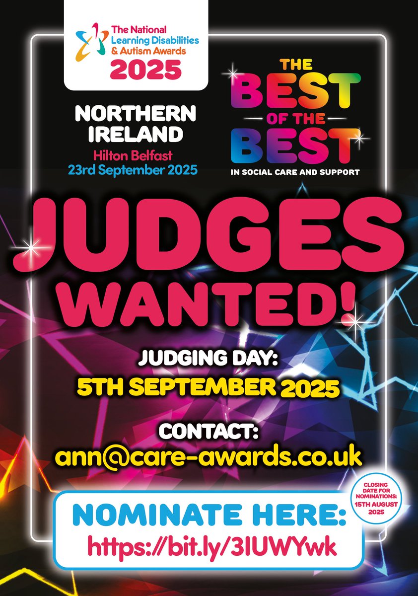 🚨 JUDGES WANTED!
Be part of the Learning Disabilities &amp; Autism Awards Northern Ireland.
📩 Contact ann@care-awards.co.uk for more info!