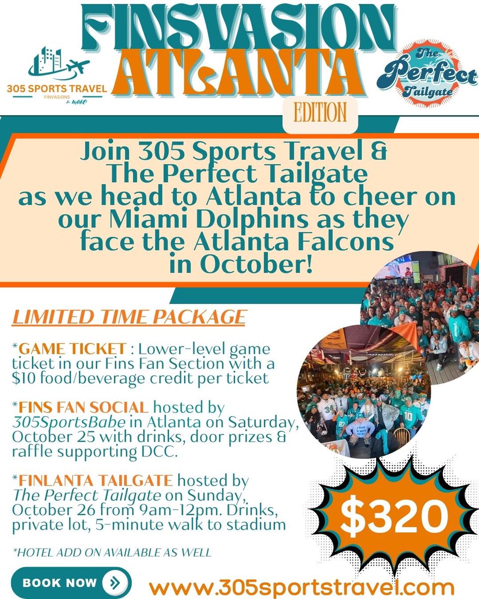 Only 2️⃣ game tickets for the Miami Dolphins vs Atlanta Falcons remain in our section! Seats are together 🚨 

lower level seat(s), with a $10 food / beverage credit &amp;&amp;

- Fins Fan Social Saturday 🎉 
- Tailgate on Sunday 🍺 

Don’t wait! 305sportstravel.com 

#phinsup