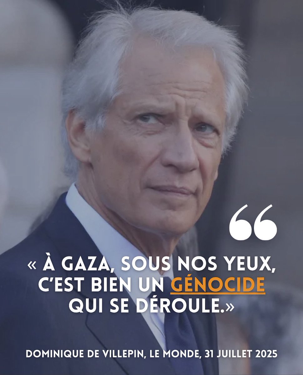 Forum_Villepin's tweet photo. 🪶« Oui, il faut aujourd’hui appeler les choses par leur nom. À Gaza, sous nos yeux, c’est bien un génocide qui se déroule. Toutes les formes de mort s’y accumulent : la mort par l’écrasement des bombardements incessants, la mort par la faim organisée, la mort par balle pour avoir voulu arracher quelques grammes de farine à l’arrière d’un camion, la mort par l’abandon absolu d’une population privée d’eau, d’électricité, de médicaments. » 

Dominique de @Villepin dans @lemondefr