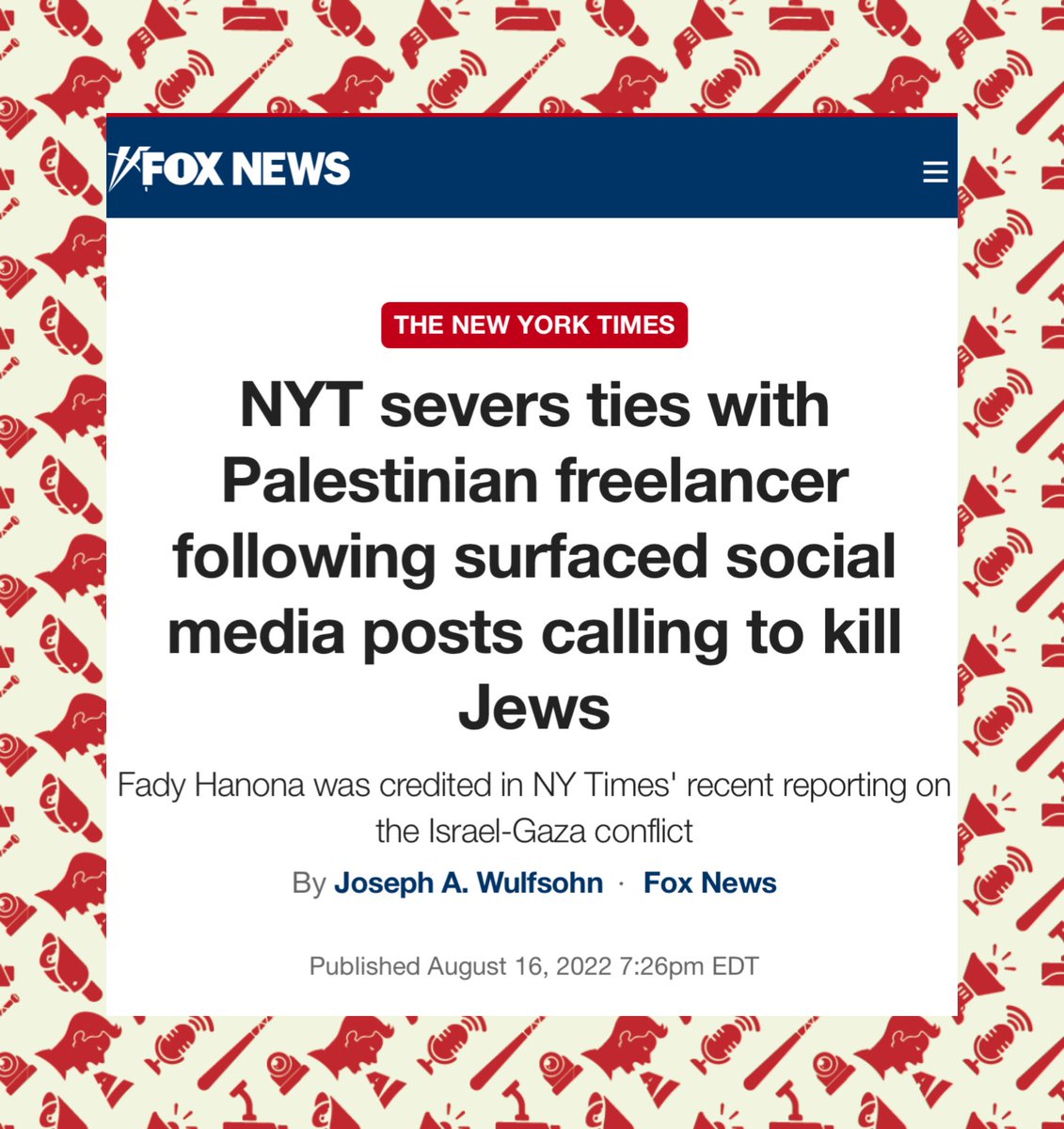 🚨🎥🇵🇸 SIGNALEMENT : Fady Hossam Hanona, ex-fixeur du <a href="/nytimes/">The New York Times</a>, réfugié à Paris, travaille aujourd’hui pour <a href="/FRANCE24/">FRANCE 24</a>, média du service public.

Il a pourtant appelé à tuer les Juifs partout où ils sont, enfants et personnes âgées compris, “comme Hitler l’a fait”.

📌 Il a aussi