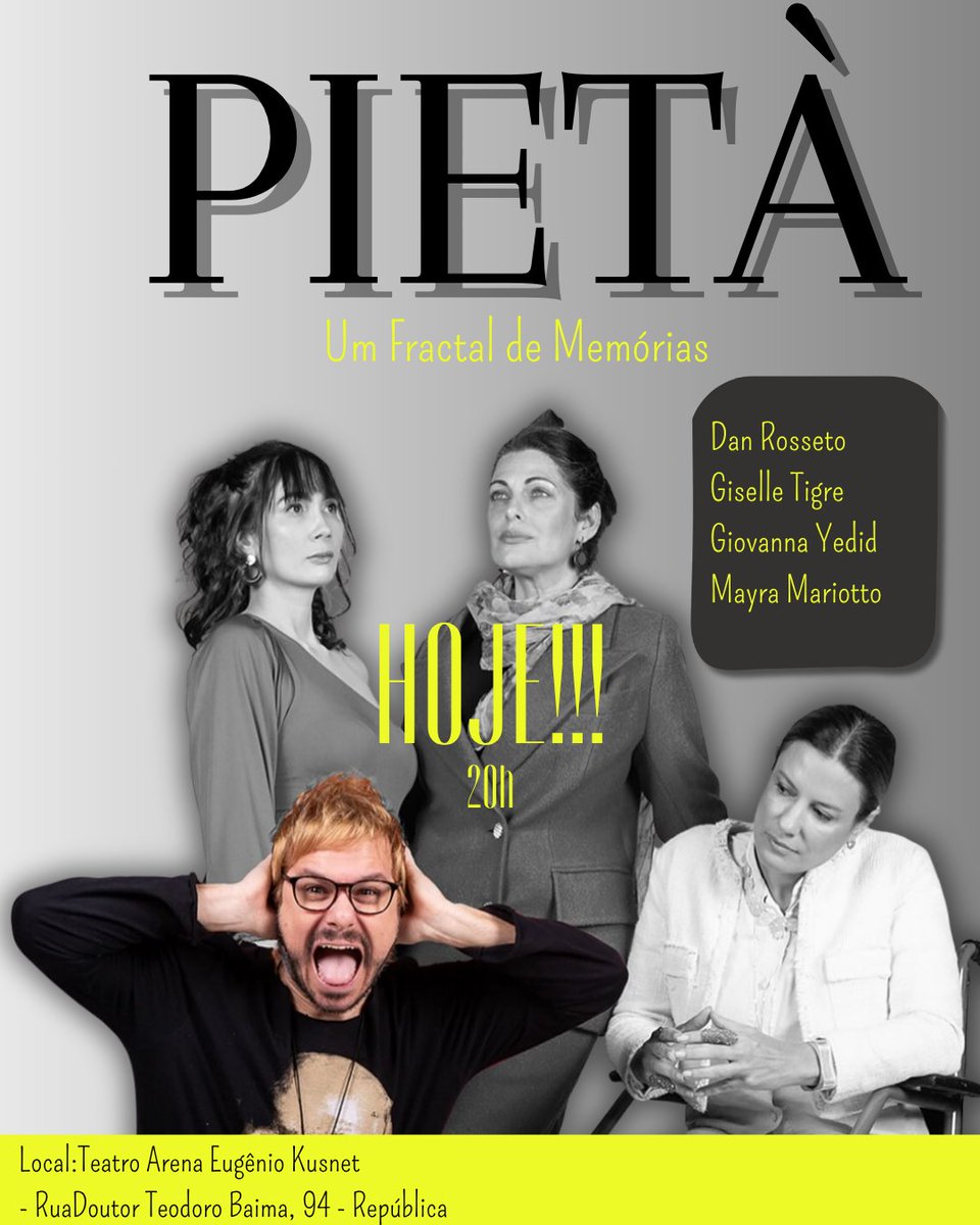 centralgitigre's tweet image. ✨ Estreia hoje “Pietà – Um Fractal de Memórias”!

Com Giselle Tigre no elenco, a peça fala sobre memórias, traumas e cura com muita sensibilidade.

Não perca essa temporada!

📍Teatro de Arena Eugênio Kusnet – SP
🎟️ Ingressos: sympla.com.br