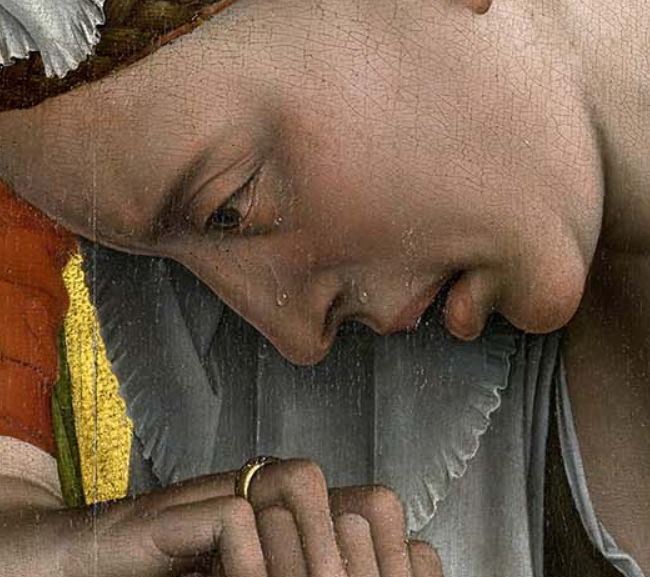 Van der Weyden, gözyaşlarını da olağanüstü işlemiş.

Süzülen yaşlar arasında, son görseldeki detay özellikle dikkat çekici:

Magdalalı Meryem’in yanağından kopmak üzere olan bir damla gözyaşı… Zaman, o an için adeta nefesini tutmuş gibi.
