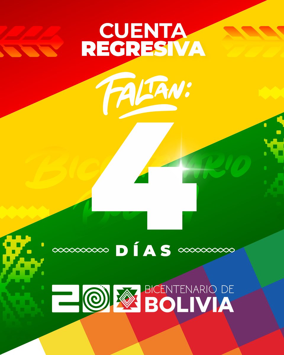 🇧🇴¡Faltan solo 4⃣ días para celebrar nuestro Bicentenario! 
200 años de historia nos inspiran a seguir construyendo juntos.
Desde nuestras raíces, miremos al futuro con esperanza y unidad.
¡Viva Bolivia! 🇧🇴
#ATT #BicentenarioBolivia #OrgulloBoliviano #AttBolivia