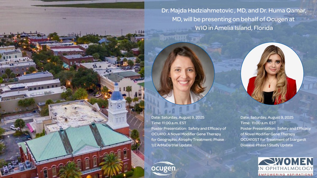 Ocugen (@ocugen) on Twitter photo 🧬Ocugen will attend #WIO2025 in Amelia Island, FL!
Dr. Majda Hadziahmetovic will present on OCU410 for geographic atrophy.
<a href="/drhumaqamar/">Huma Qamar, MD, MPH, CMI</a> will present on OCU410ST for Stargardt disease.
Both on Aug 9 at 11 AM EST.
Details: wioonline.org/upcoming-events
#GeneTherapy #Ophthalmology 🧬Ocugen will attend #WIO2025 in Amelia Island, FL!
Dr. Majda Hadziahmetovic will present on OCU410 for geographic atrophy.
<a href="/drhumaqamar/">Huma Qamar, MD, MPH, CMI</a> will present on OCU410ST for Stargardt disease.
Both on Aug 9 at 11 AM EST.
Details: wioonline.org/upcoming-events
#GeneTherapy #Ophthalmology