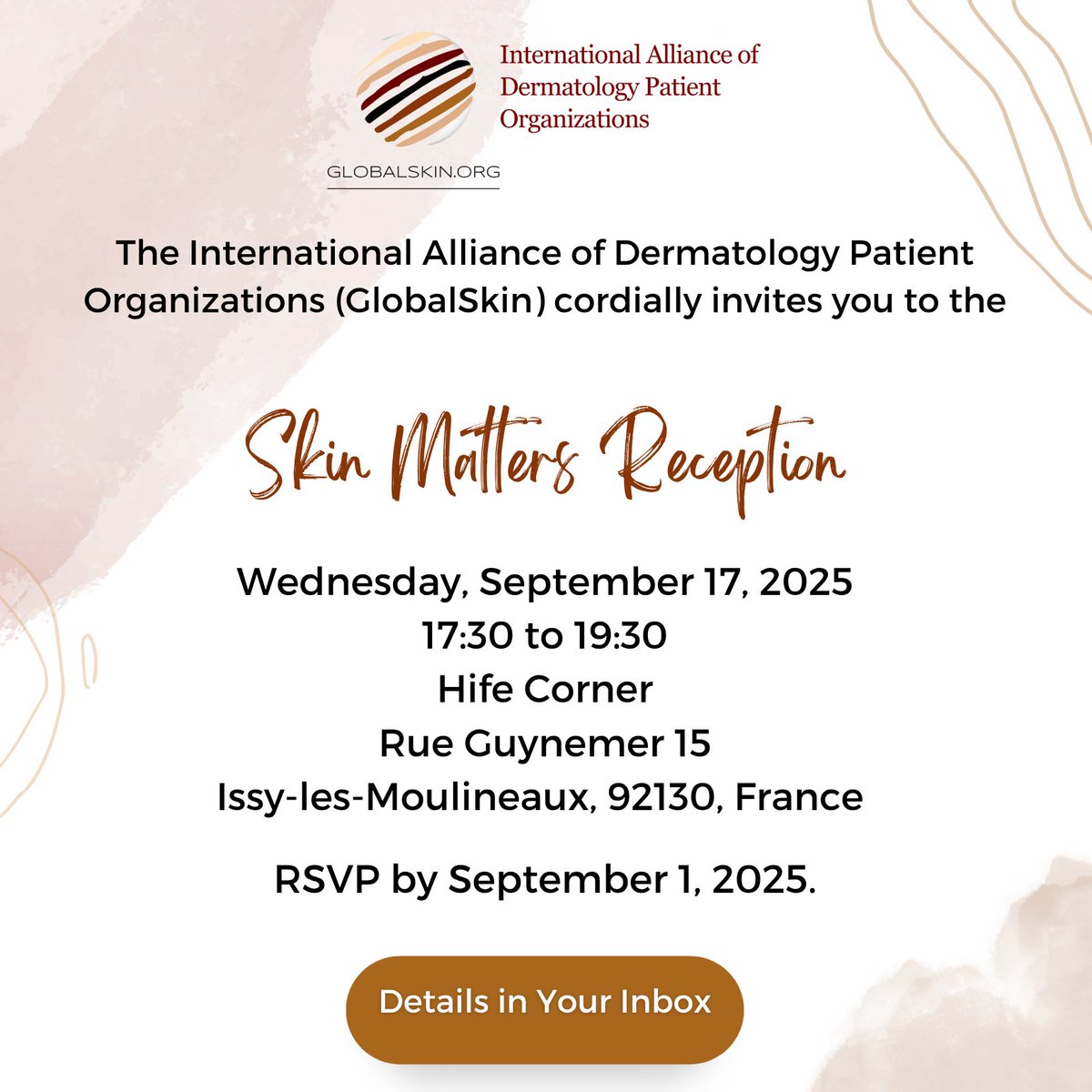 IADPO's tweet photo. Attending the EADV Congress in Paris this September? Join us Sept 17 (17:30–19:30) at Hife Corner for the Skin Matters Reception. Check your email for details! 

#GlobalSkin #Dermatology #WHA #PatientAdvocacy #SkinMatters #EADVCongress #Paris https://t.co/Cme03BNkts