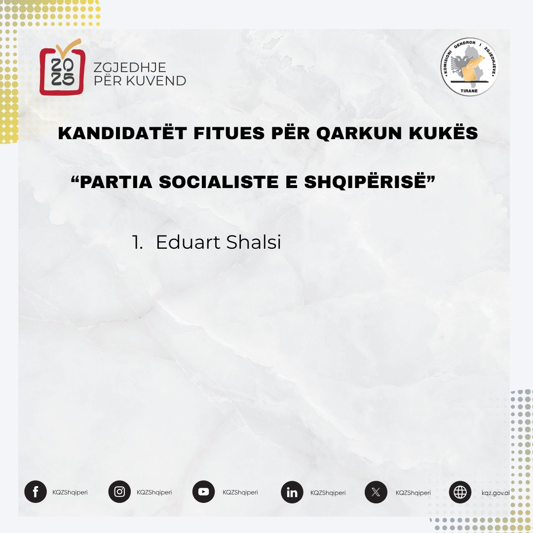 🇦🇱🗳️Kandidatët fitues të “Partia Socialiste e Shqipërisë” në qarkun Kukës, në zgjedhjet për Kuvend të datës #11maj2025:
1. Eduart Shalsi

🌐🗳️Winning candidates of the “Socialist Party of Albania” in Kukës District, in the parliamentary elections of #May11,2025:
1. Eduart Shalsi