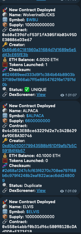 Selling entry into #ETH &amp; #BASE Contract creation bots. #SOL &amp; #BNB coming soon. FInd tokens before they have added liquidity.
Check MAX TX, Checksum uniqueness, Tokens deployed, ETH balance, Functions in contract. Updates coming...
0.06 ETH entry, DM