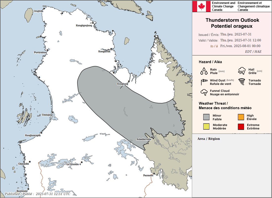 ECCC Weather Quebec (@ecccweatherqc) on Twitter photo Thunderstorm outlook for northern Quebec valid today, July 31.
Any report of damage can be sent to Environment and Climate Change Canada using #QCstorm or by emailing QCstorm@ec.gc.ca. Thunderstorm outlook for northern Quebec valid today, July 31.
Any report of damage can be sent to Environment and Climate Change Canada using #QCstorm or by emailing QCstorm@ec.gc.ca.