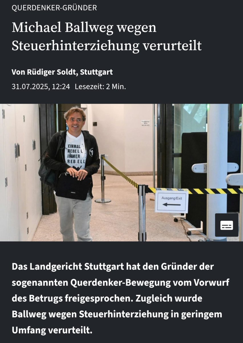 "Dabei ging es um zwei Fälle in Höhe von 11,42 € und 8,11 €,  außerdem um einen Fall versuchter Steuerhinterziehung – nämlich der  verspäteten Abgabe einer Steuererklärung."

Wegen sowas saß #Ballweg 279 (!) Tage in U-Haft! Bei Spahn geht es um Milliarden - und es passiert gar