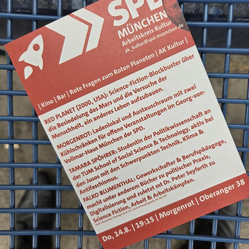 Save the Date: 14.8.  19:15, RED PLANET, Filmabend und Sommerlochüberwindung im Oberanger 38, München, spd-muenchen.de/termine/?id=10…