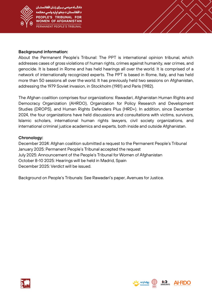 An initiative for justice by Afghan civil society for women and girls of Afghanistan: launch of the first People’s Tribunal for Women of Afghanistan. Read more here:

<a href="/rawadari_org/">Rawadari رواداری</a> <a href="/drops_afg/">DROPS</a> <a href="/HRDPlusNetwork/">HRD+</a> <a href="/AhrdoAfg/">AHRDO</a> #Afgpt