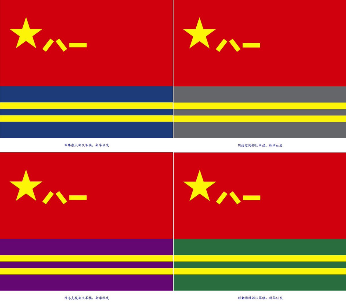 Flags of “new” PLA Forces revealed:

-&gt;Blue: PLA Aerospace Force
-&gt;Grey: PLA Cyberspace Force
-&gt;Purple: PLA Information Support Force
-&gt;Green: PLA Joint Logistic Force