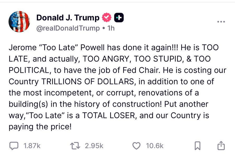 🔴CRIPTOVALUTE : Trump accusa Jerome Powell di costare trilioni agli Stati Uniti e lo definisce "troppo stupido e troppo politico" per il ruolo di presidente della Fed