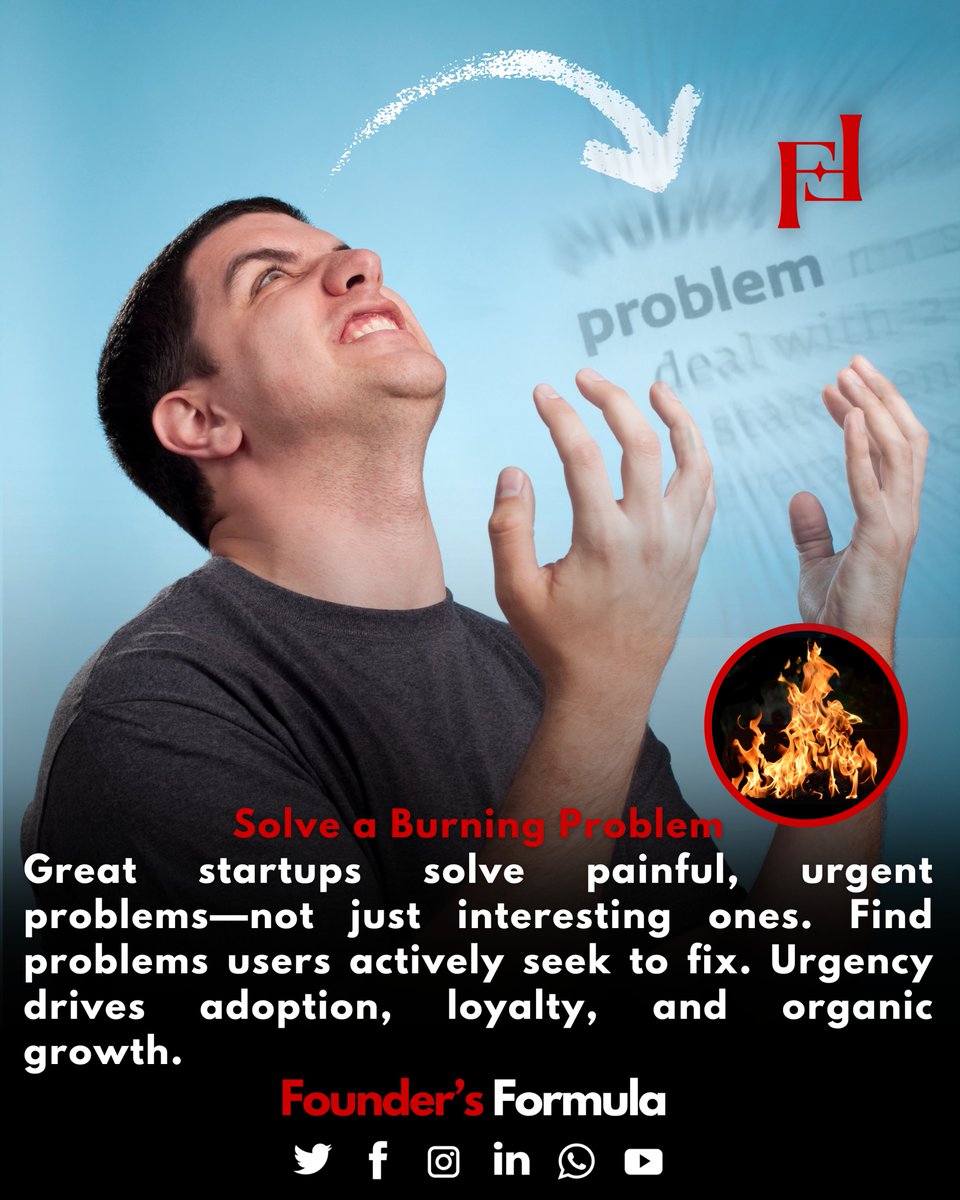 formula4founder's tweet image. Good ideas are interesting.
 Great startups solve urgent problems.
Users don’t wait to fix pain—they pay, stay, and spread the word.
Chase burning problems, not just cool ones.
#StartupWisdom #ProblemSolving #FoundersFormula