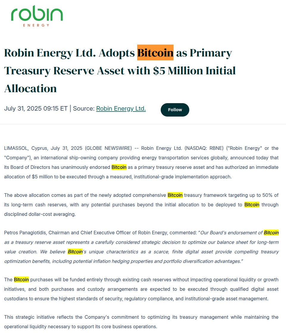 🚨JUST IN: 🇨🇾 Robin Energy adopts #Bitcoin as Primary Treasury Reserve,  allocating up to 50% of cash reserves and starting with a $5 million  initial allocation. 🇨🇾 Robin Energy is a US-listed,