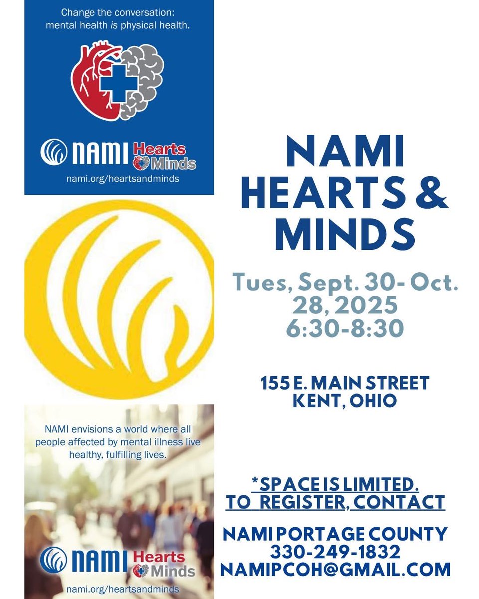 Learn how physical and mental health are specifically connected, to advocate for your health, to improve medication side effects, and more. Contact 330-249-1832 or namipcoh@gmail.com to register.