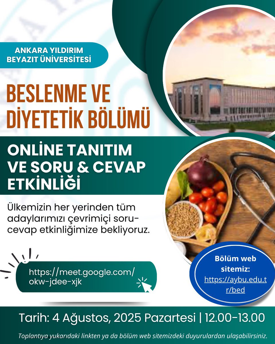 🎓 AYBÜ Beslenme ve Diyetetik Bölümü Tanıtım ve Soru-Cevap Toplantısına Bekliyoruz!

📅 Tarih: 4 Ağustos 2025, Pazartesi
🕛 Saat: 12.00 – 13.00
📍 Platform: Google Meet
🔗 Toplantı linki: meet.google.com/okw-jdee-xjk
<a href="/ybuankara/">Ankara Yıldırım Beyazıt Üniversitesi</a> <a href="/acengizkoseoglu/">Ali Cengiz Köseoğlu</a> <a href="/emrahakbas/">Emrah Akbaş</a> <a href="/AYBU_SAGBILFAK/">AYBÜ SAĞLIK BİLİMLERİ FAKÜLTESİ</a> #aybü