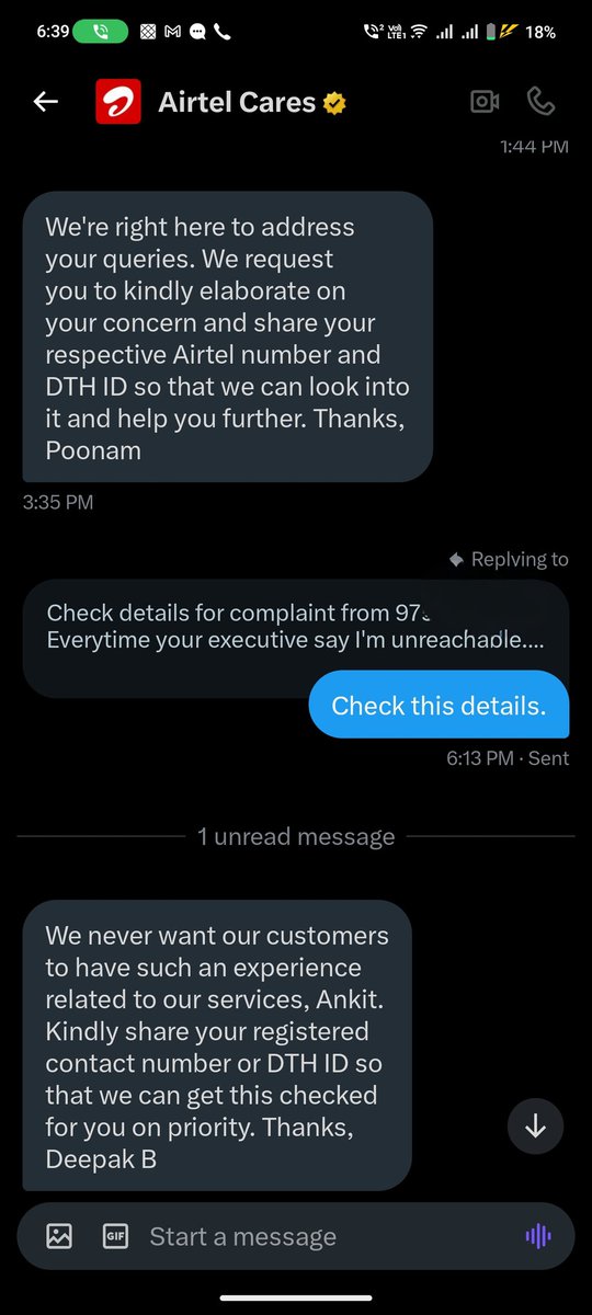 ankittamhane's tweet photo. @airtelnews @airtelindia @Airtel_Presence
Every detail is shared but just dram in x account dm. See screenshot everything is provided but same messages and no solution. Worst company is #airtel
#fraud #ScamWarning #PoorService #viraltweet #help https://t.co/BVYNmmPdv5