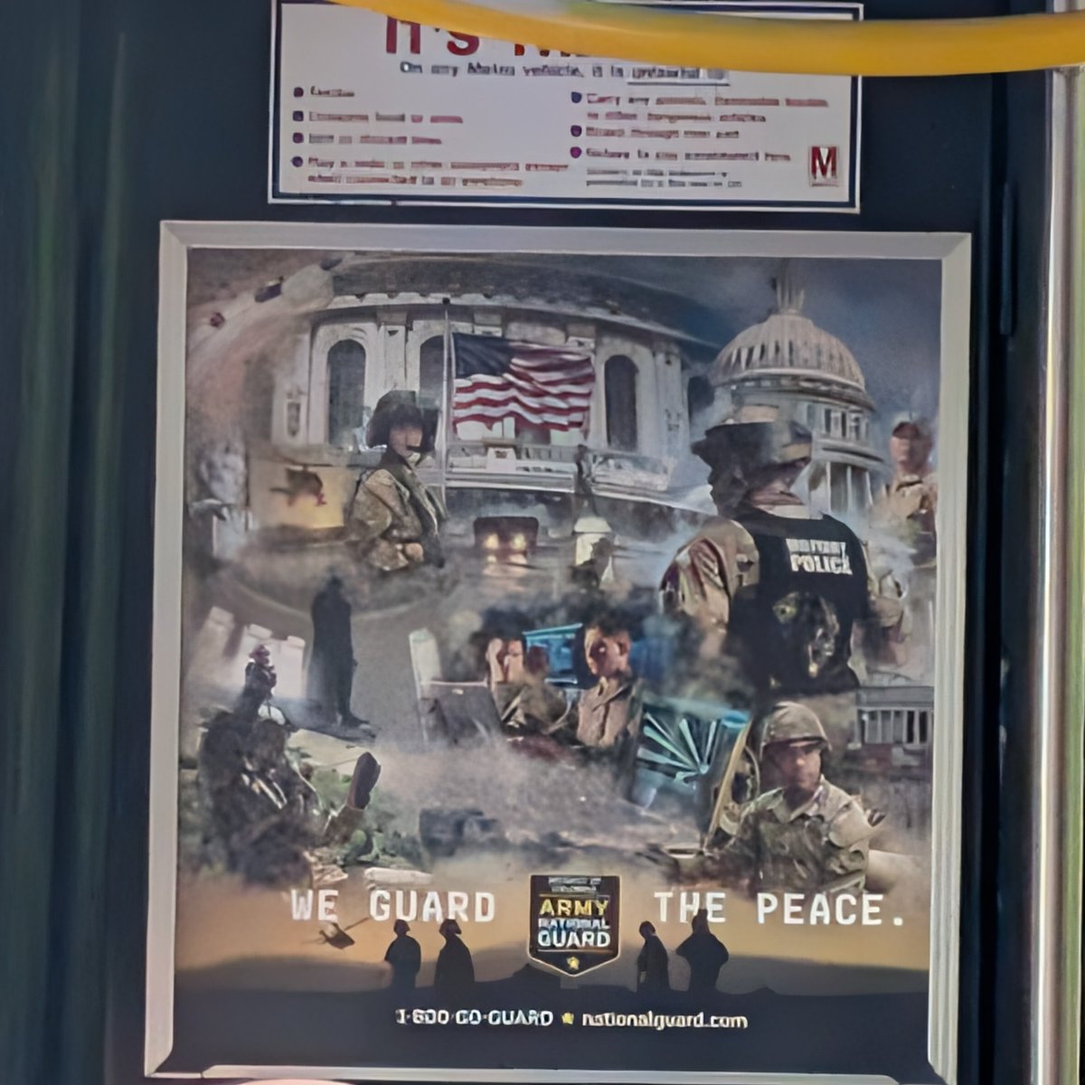 The national guard ads on DC metro busses are pretty striking - troops, the Capitol building, smoke&amp;fire. 

I assume it's just poorly-thought AI "local" imagery for a recruiting ad. But not great communication strategy in a polarized age.