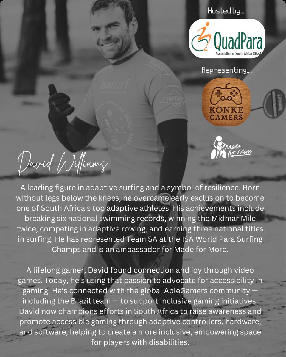 🎮 QASA Webinar: Assistive Gaming Controllers 🎮

QASA is hosting David Williams from Konke Gamers on 7 August 2025 at 17:00 as he explores the latest assistive gaming controllers.

🔗 Register here: forms.office.com/r/SMGnUVtryS

#QASA #KonkeGamers #Ablegamers #AccessibleGaming