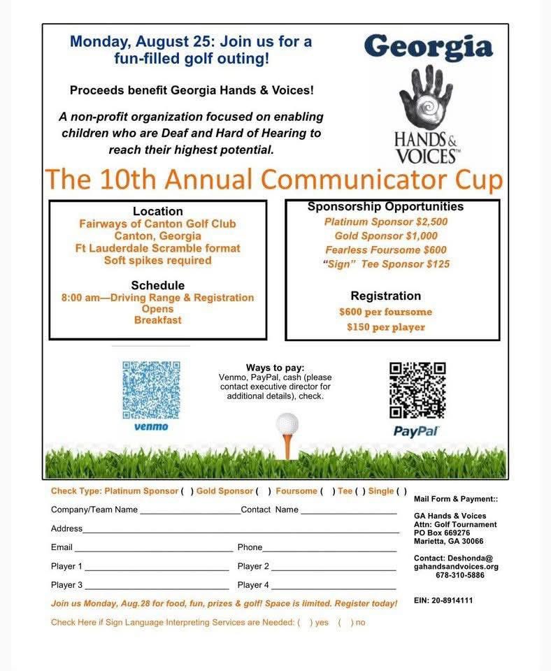 GAHandV's tweet image. 1 month away!! Please register this week! Golfer Registration Time!

10th Annual GA Hands &amp;amp; Voices
Communicator Cup Golf Tournament

Fairways of Canton
Contact Executive Director Deshonda Washington for additional assistance deshonda@gahandsandvoices.org
(678) 557-1164