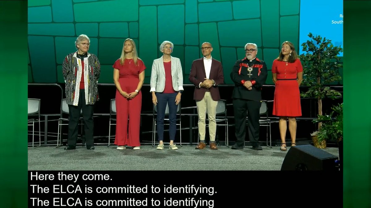 Protestia's tweet image. 6 of the 7 Lutheran Seminary leaders take the stage at the 2025 #ELCA Churchwide Assembly. That's a lot of ladies.