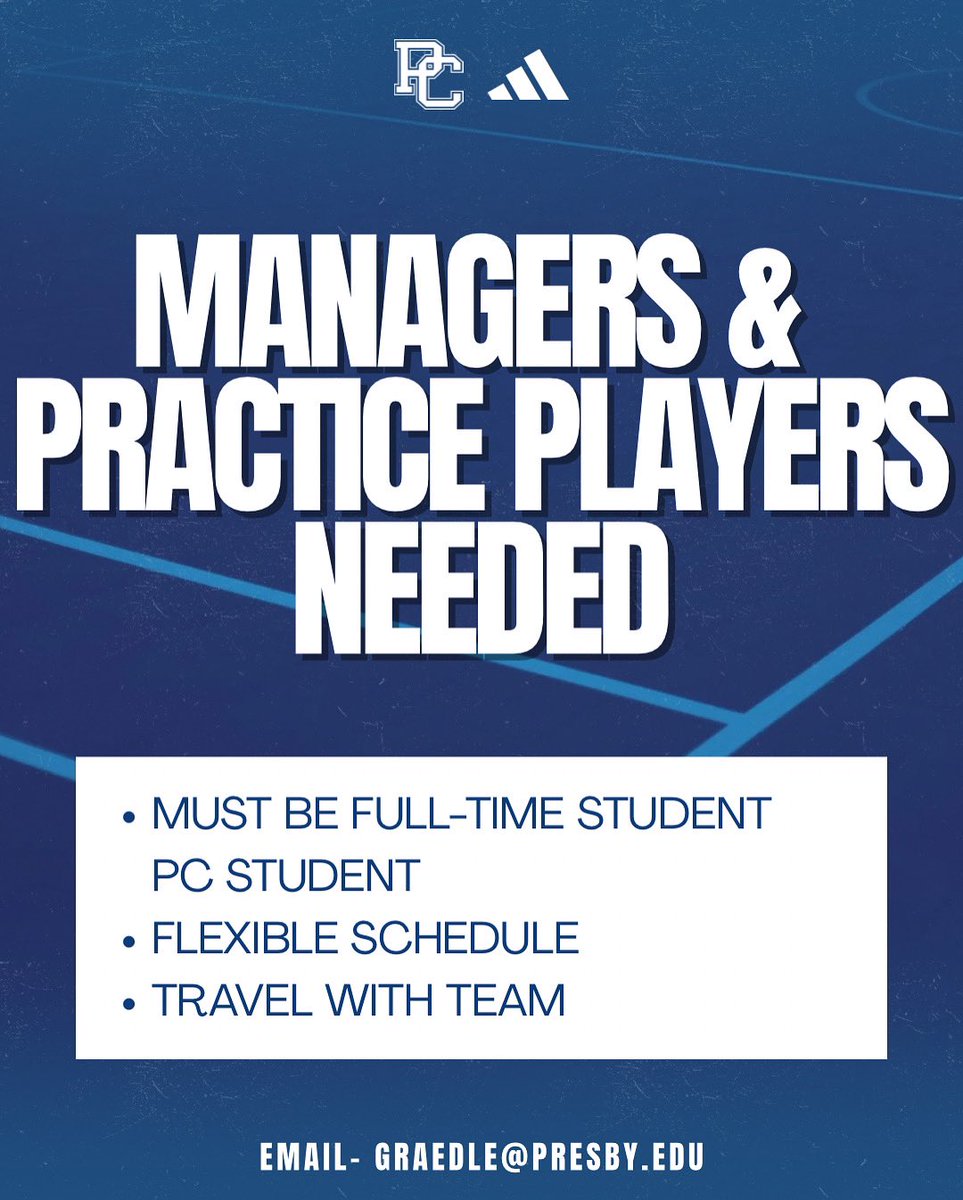 Presbyterian College Women’s Basketball (@bluehosewbb) on Twitter photo 🚨 PC STUDENTS 🚨
We’re looking for managers and practice players to join us for the upcoming season!
Please email Coach Grant at graedle@presby.edu if you are interested. 🚨 PC STUDENTS 🚨
We’re looking for managers and practice players to join us for the upcoming season!
Please email Coach Grant at graedle@presby.edu if you are interested.