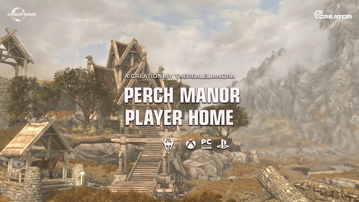 BethesdaStudios's tweet image. Just outside the gates of Whiterun, Elianora&apos;s #Skyrim home &quot;Perch Manor&quot; creation has everything for your adventure. 

Perch Manor comes with all crafting amenities, custom item displays, adoption and spouse support. beth.games/44YysTq