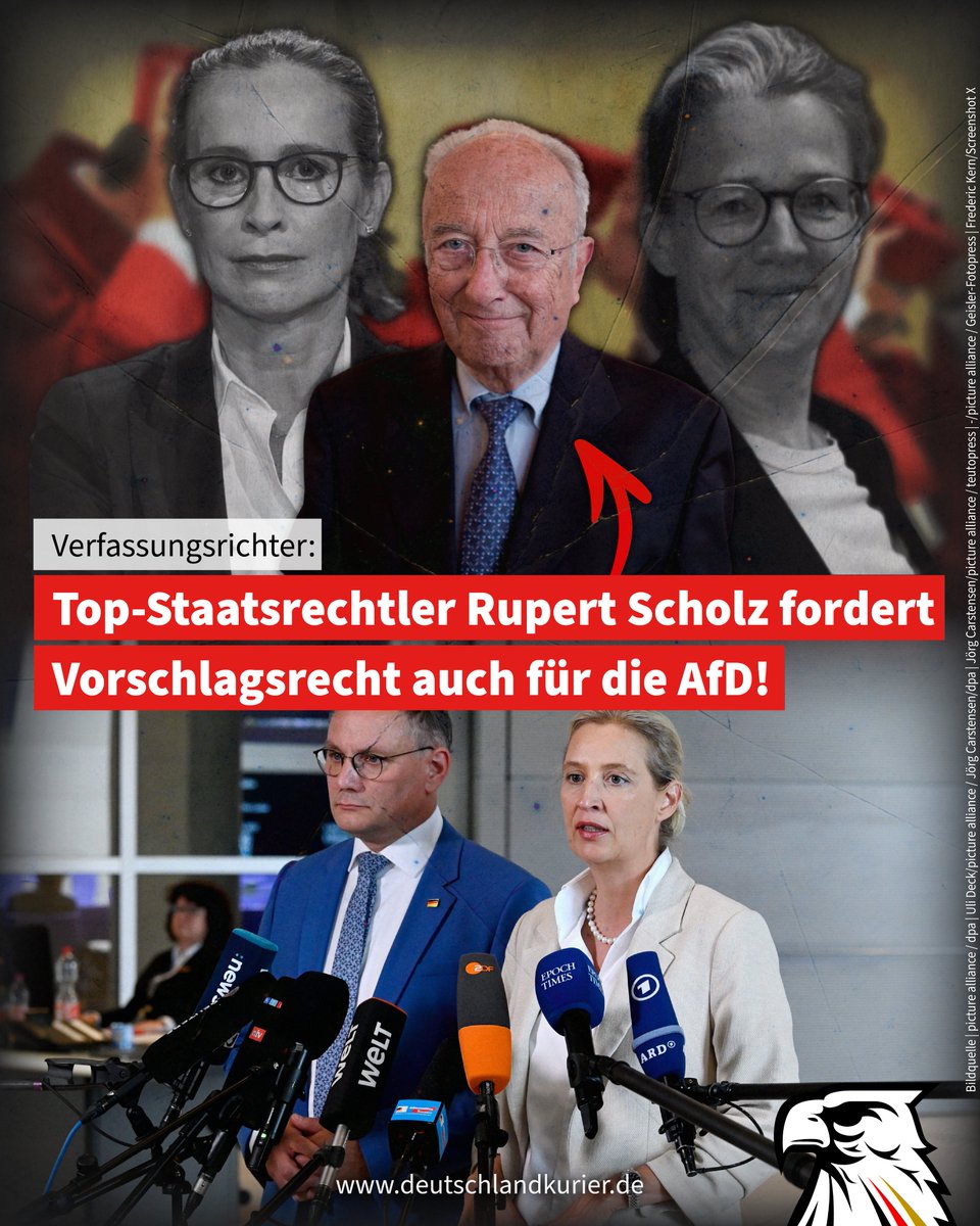 Verfassungsrichter: Top-Staatsrechtler Rupert Scholz fordert Vorschlagsrecht auch für die AfD!

Vor dem Hintergrund des aktuellen Streits um die von der SPD nominierten Verfassungsrichterinnen Frauke Brosius-Gersdorf und Ann-Katrin Kaufhold gerät die Hinterzimmer-Kungelei