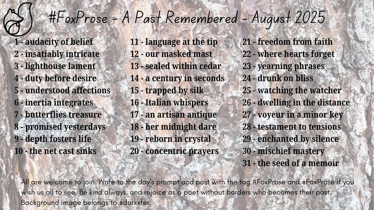 Artists! Feel the past flowing through you as we remember this month.

Today's prompt: voyeur in a minor key

Be creative, kind, and write what you feel! You don't need to use the words, and combos are welcome.  

Tag #FoxProse/<a href="/FoxProse/">Fox Prose</a> for RTs.

#WritingCommunity #poetry