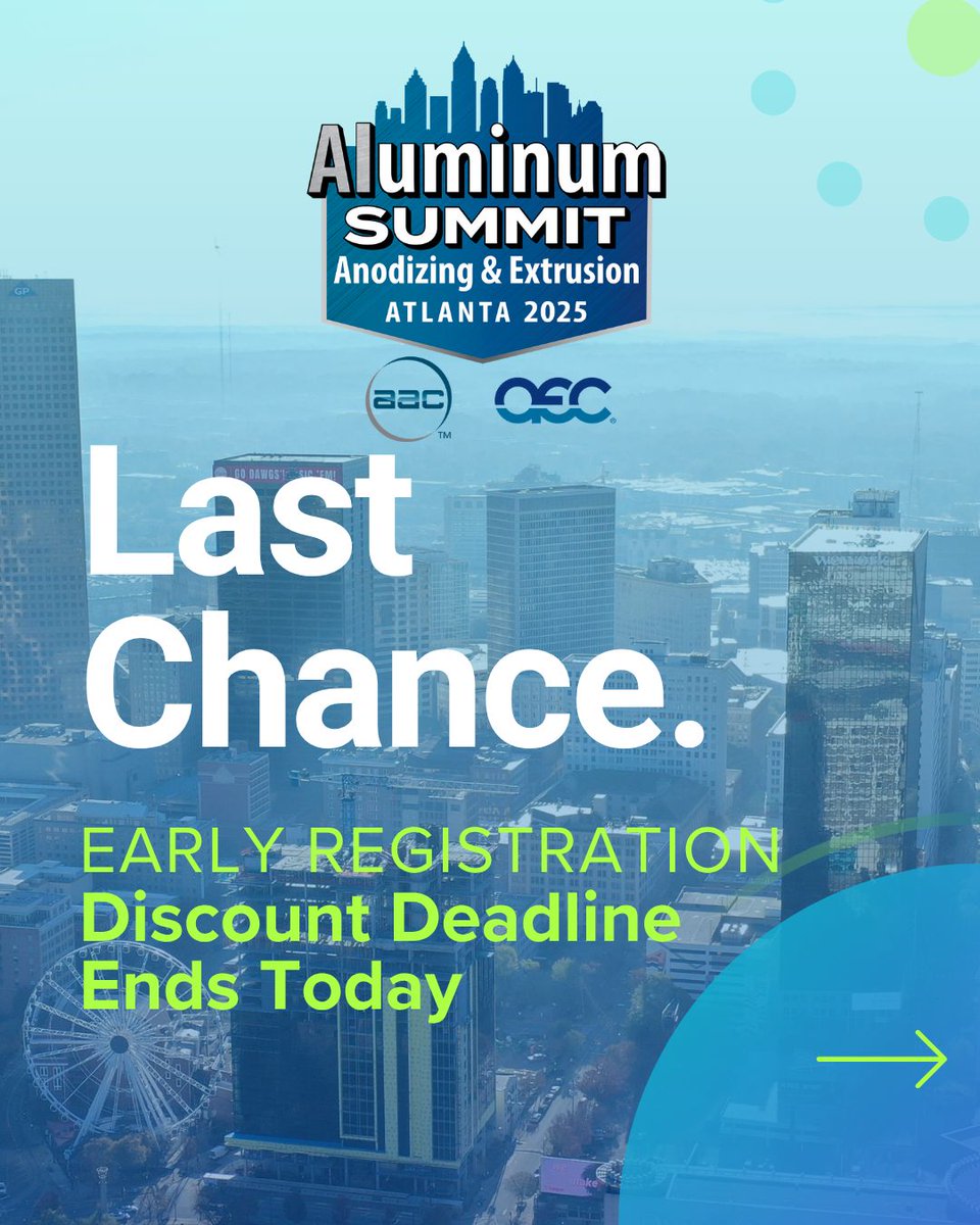 AEC_org's tweet image. Last chance to save! Early bird registration for the 2025 #AluminumSummit ends July 31! Join us Sept. 16–18 in Atlanta for 3 days of insight, networking &amp;amp; innovation.
🏨 Hotel deadline: Aug. 14
🎟 Register now → buff.ly/MEV11Bd 
#AEC #AAC #AluminumIndustry