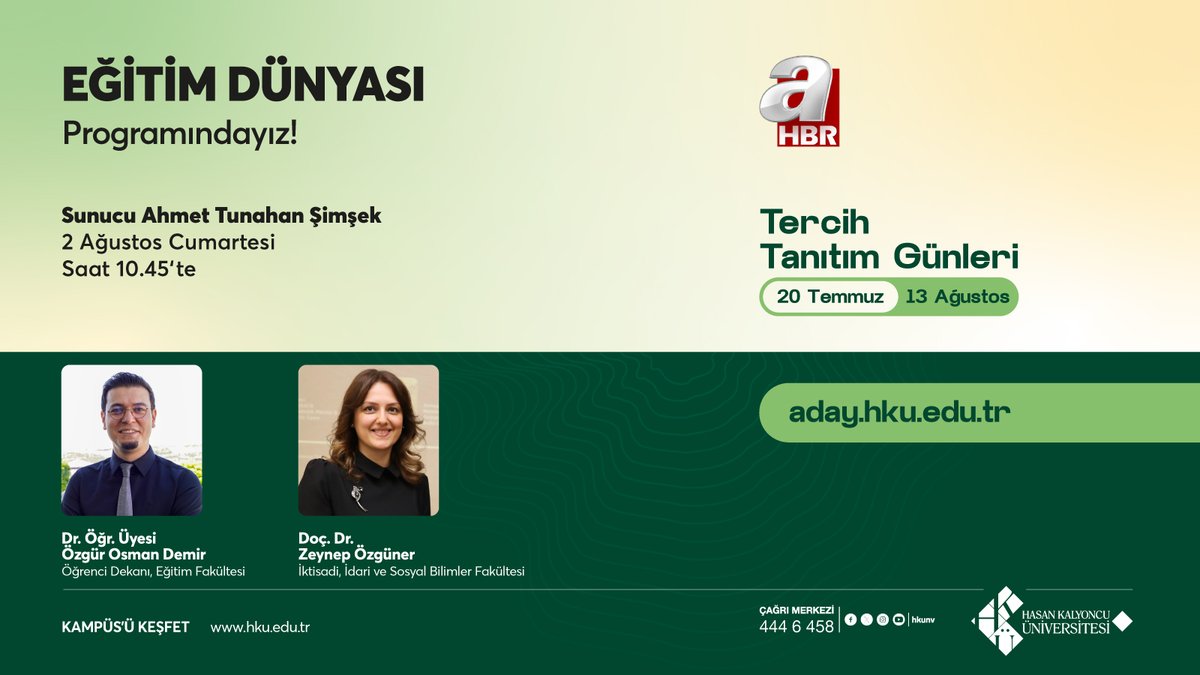 Üniversite Adayları, Ekran Başına 📺

Öğrenci Dekanımız Dr. Öğr. Üyesi Özgür Osman Demir ve İktisadi, İdari ve Sosyal Bilimler Fakültesi Öğretim Üyemiz Doç. Dr. Zeynep Özgüner, 2 Ağustos Cumartesi günü saat 10.45’te <a href="/ahaber/">A Haber</a> 'de Ahmet Tunahan Şimşek’in sunduğu “Eğitim Dünyası”