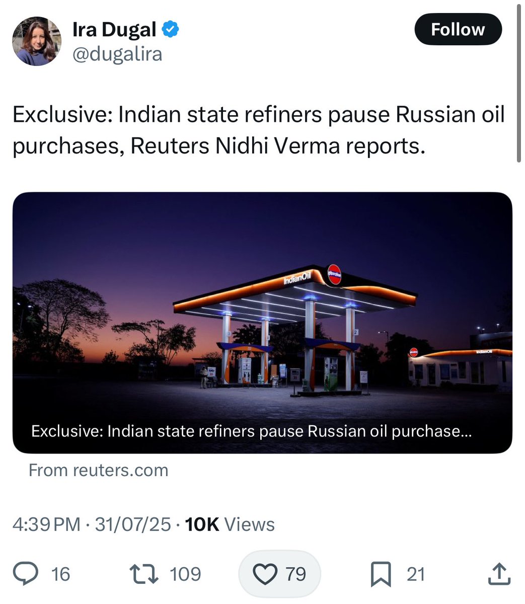 Politicx2029's tweet image. BREAKING NEWS 🚨

India has now stopped buying oil from Russia.

This comes after Donald Trump repeatedly threatened Narendra Modi with tariffs and penalties.

Where is the 56-inch chest now?🤡