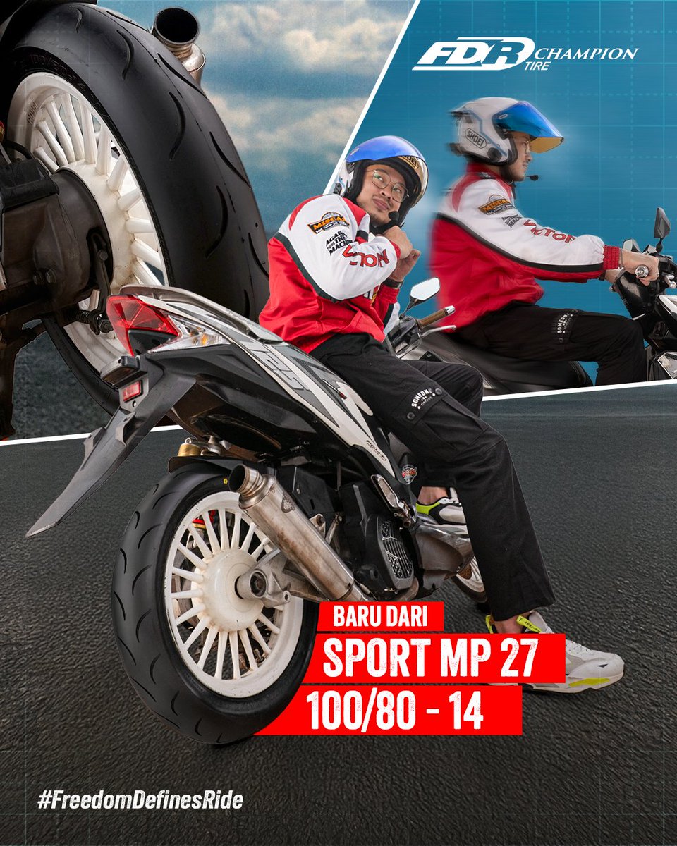 Tampil sporty, performa steady. FDR Sport MP27 (100/80-14) kasih sensasi ban racing yang tetap nyaman buat ngaspal harian.

#FreedomDefinesRide #FDRTire