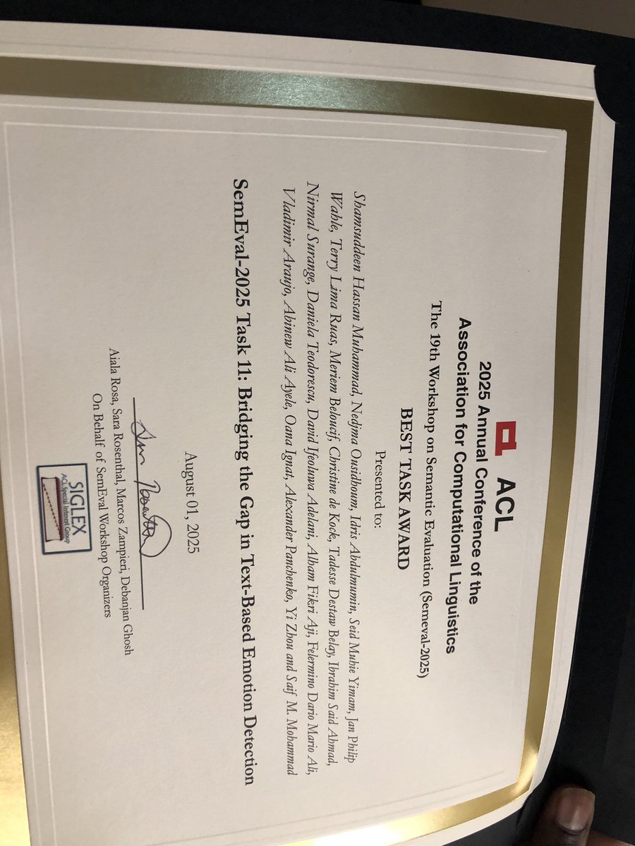 Nedjma Ousidhoum ูุฌู
ุฉ ุฃูุณูุฏูู
(@nedjmaou) on Twitter photo And our SemEval task won a best task description award ๐ฅณ
Co-led with <a href="/Shmuhammadd/">Shamsuddeen Hassan Muhammad, PhD</a> and <a href="/SaifMMohammad/">Saif M. Mohammad</a>. Thanks to all the team members! And our SemEval task won a best task description award ๐ฅณ
Co-led with <a href="/Shmuhammadd/">Shamsuddeen Hassan Muhammad, PhD</a> and <a href="/SaifMMohammad/">Saif M. Mohammad</a>. Thanks to all the team members!
