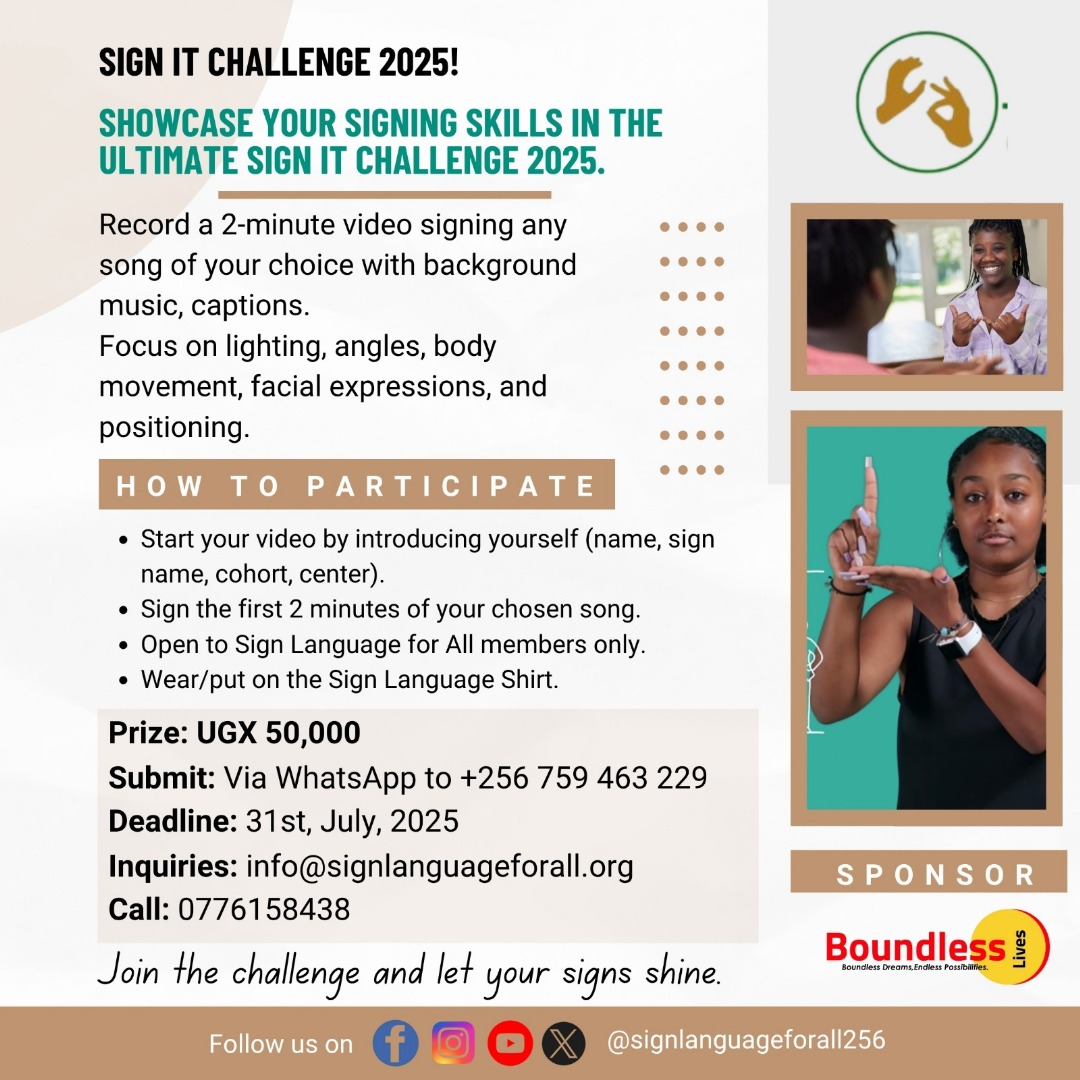 Fews hours to closing, don't miss this opportunity to showcase your signing skills in the ultimate challenge organised by <a href="/signlanguage/">m e g a n</a> and sponsored by <a href="/boundlesslives0/">Boundless Lives International</a>
Take the opportunity.
#signlanguageForAll