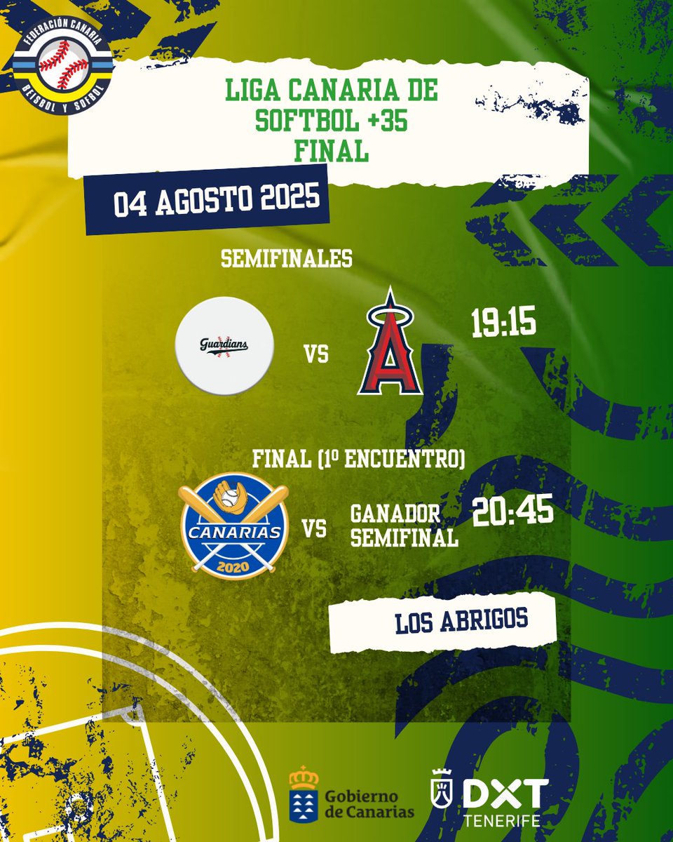 📅 Final Liga Canaria de Sófbol +35 |
Este lunes 4 de agosto se disputan las semifinales y la gran final en Los Abrigos a tres encuentros este lunes 4 y 11 de agosto.
Los equipos lucharán por el título de la categoría a partir de las 19:15h. 
<a href="/DXTenerife/">Deportes Tenerife</a> 
<a href="/Deportecanario/">Deporte canario</a>