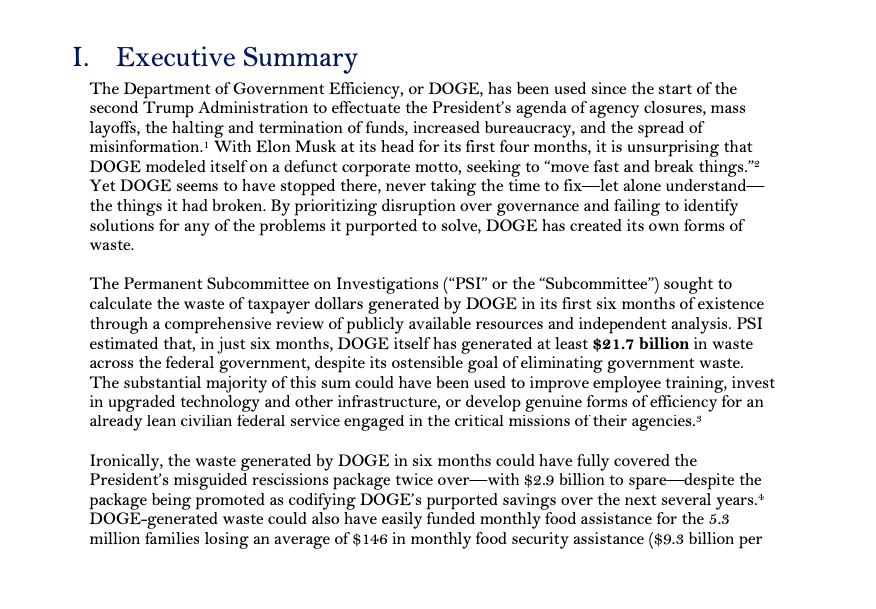 TylerMcBrien's tweet photo. The Senate Permanent Subcommittee on Investigations estimates that DOGE "generated at least $21.7 billion in waste across the federal government, despite its ostensible goal of eliminating government waste," noting this amount could have covered the rescissions package twice. https://t.co/bXs2iWrBEH