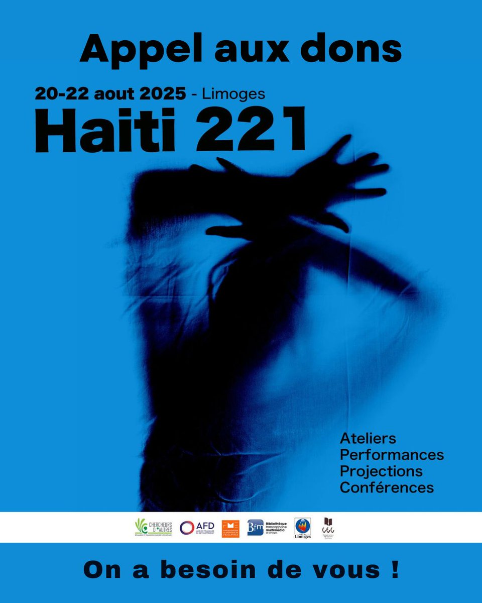 🇭🇹 HAÏTI 221 🇭🇹

📅 20-22 août 25 - Limoges, BFM

🔥Conférences, films, concert et performance

👉 Soutenez HAÏTI 221 : urls.fr/8NJK5e
(déductible à 60%)

Ou soutenez-nous en venant au concert  : urls.fr/w4VgnF

Infos : urls.fr/Db-H8k

#Haïti221